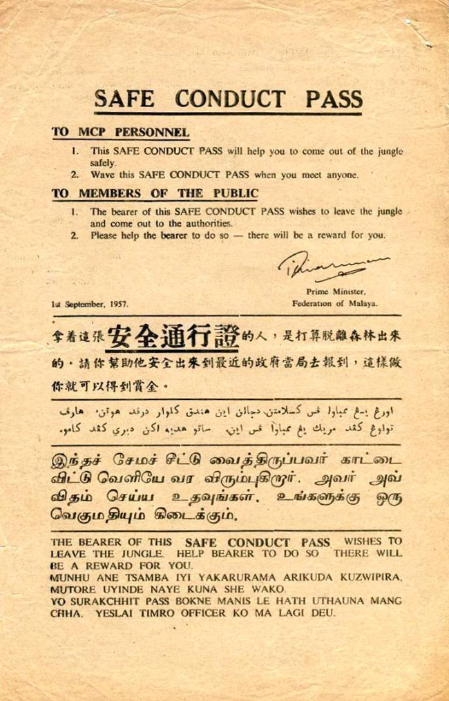 Safe Conduct Pass dated 1 September 1957 (OBVERSE)